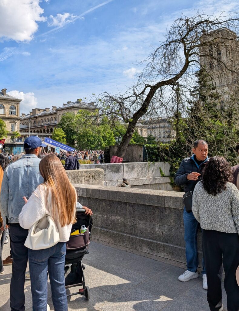 Menschenmenge vor dem Hôtel de Ville in Paris an einem sonnigen Tag, im Hintergrund historische Gebäude und Bäume.